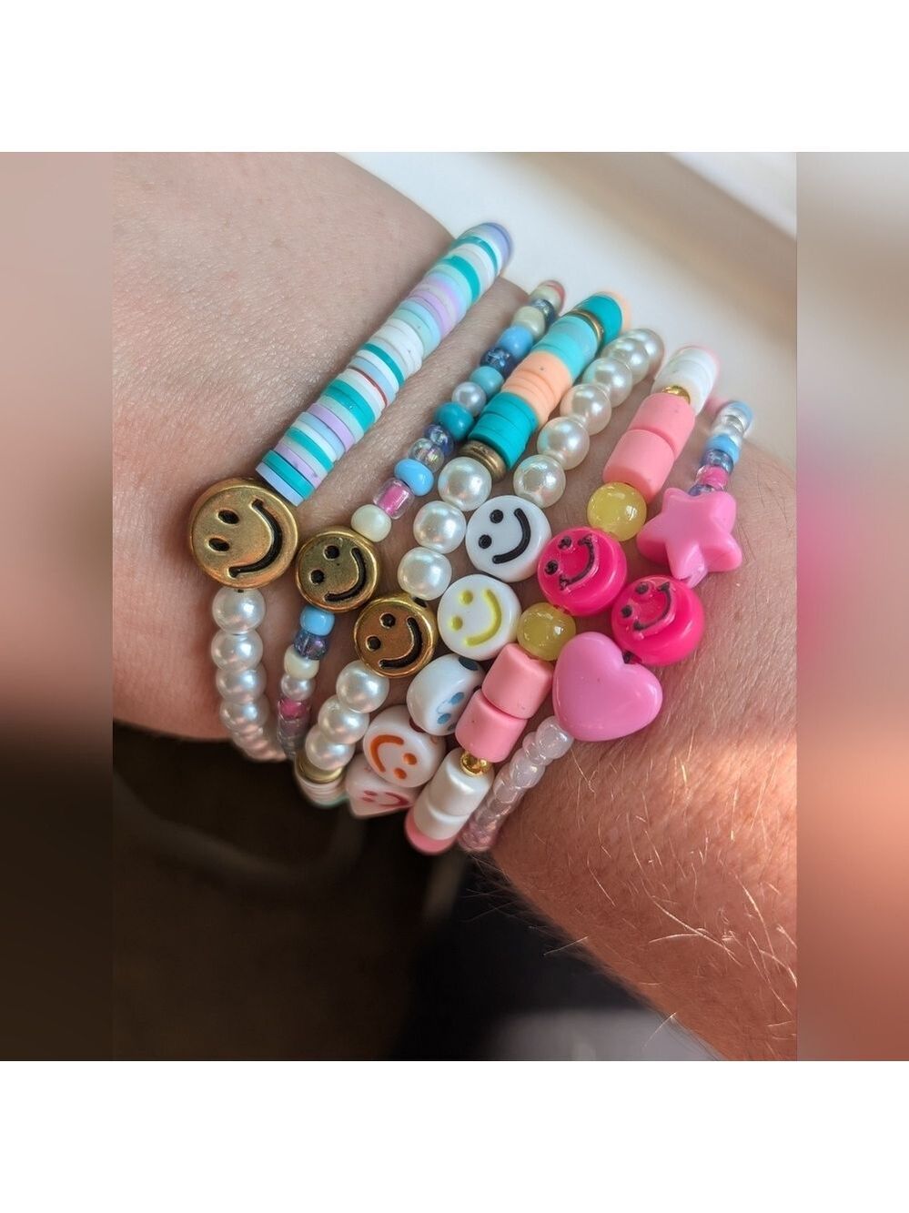 Hand Crafted Pink and Blue Happy Face Beaded Bracelets Set Of 6